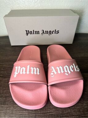 Palm Angels kids Pink Slide Sandals with White Logo